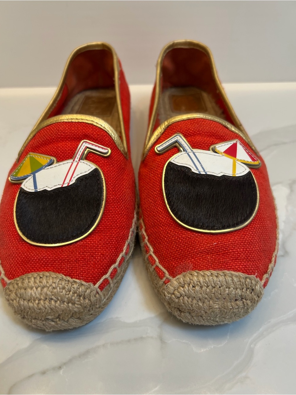 Tory Burch Coco Applique Espadrille Calf Hair Flats 8.5 EUC